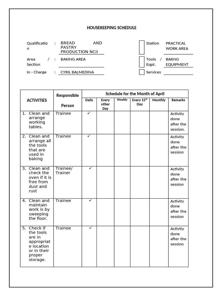 April Housekeeping Schedule for Baking | PDF | Baking | Housekeeping