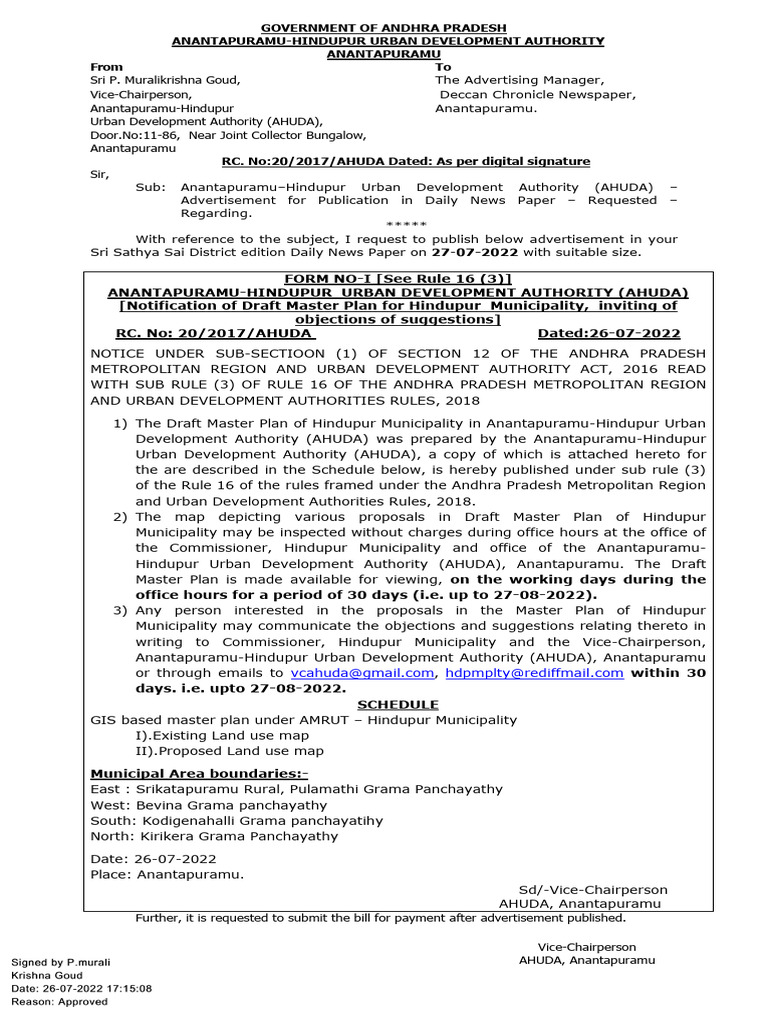 Government of Andhra Pradesh Anantapuramu-Hindupur Urban Development ...