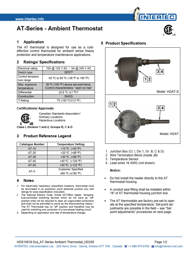 AT-Series Ambient Thermostat Overview | PDF | Thermostat | Mechanical ...
