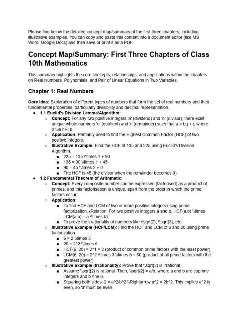 Class 10 Math: Chapters 1-3 Summary | PDF | Polynomial | Equations