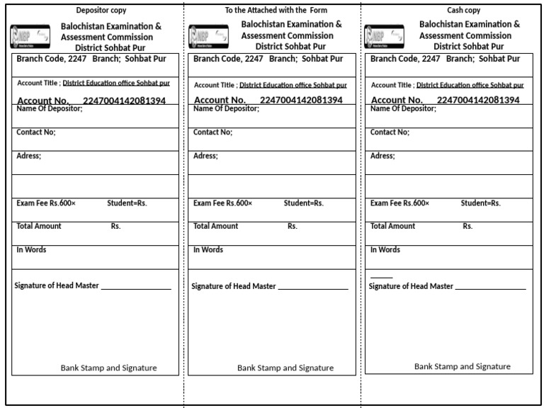 8th Class Bank Chalan | PDF