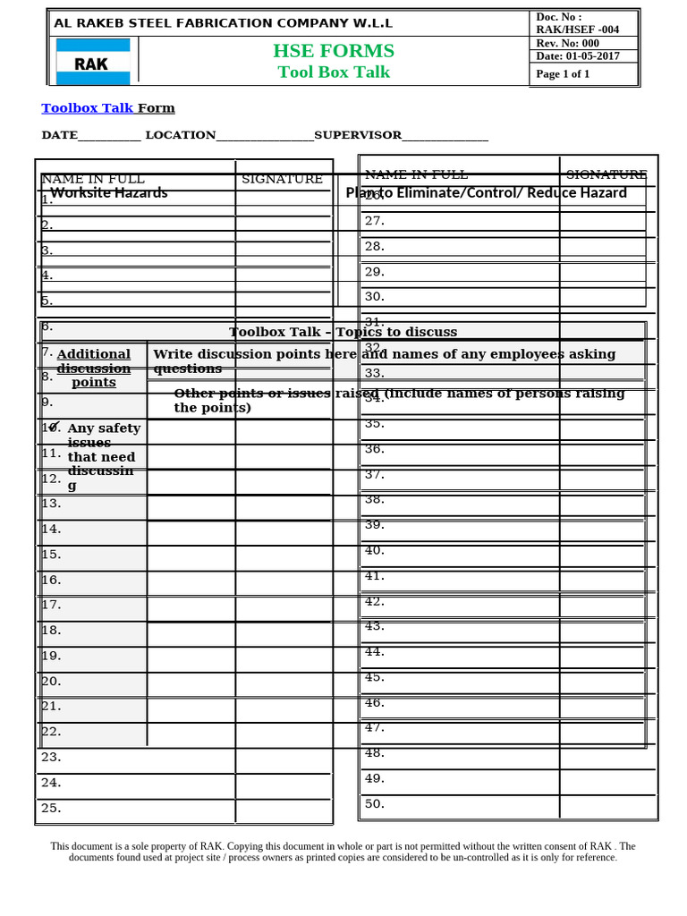 Toolbox Talk Agenda for Al Rakeb Company | PDF | Chess Theory | Chess