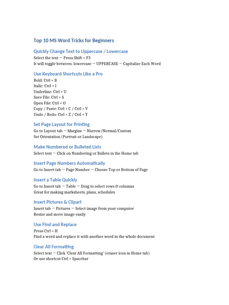 Top 10 MS Word Tricks for Beginners | PDF