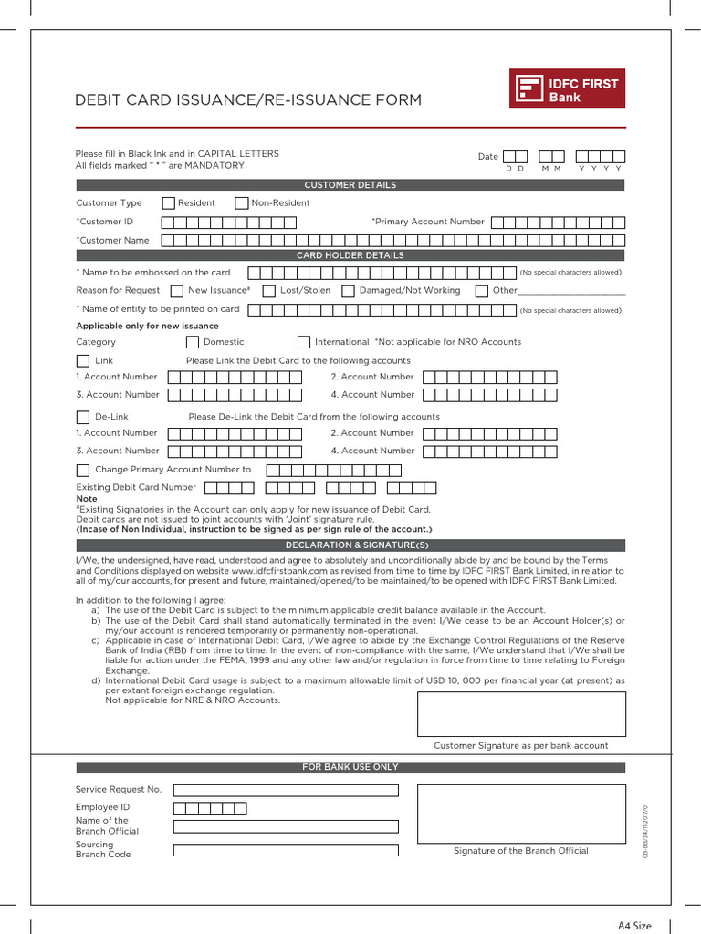 IDFC Debit Card Issuance Form | PDF | Banks | Debit Card