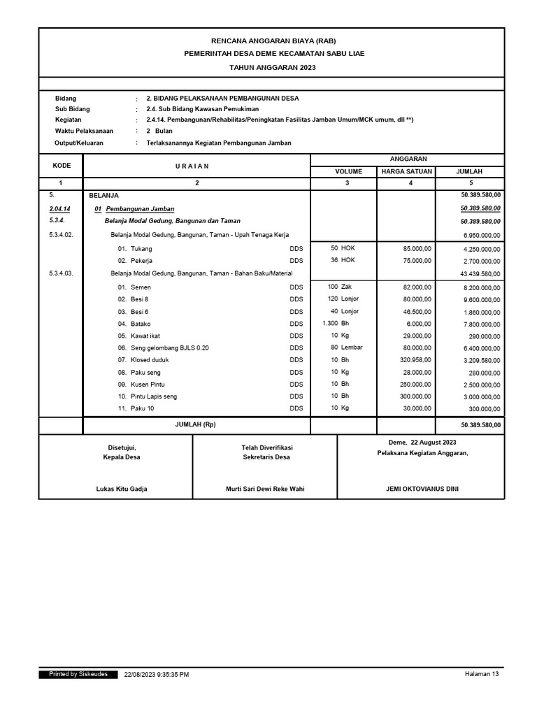 RAB Pembangunan Jamban Desa Deme 2023 | PDF