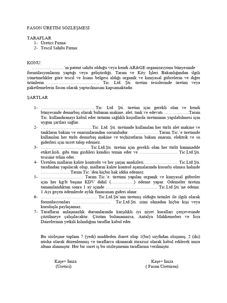Fason Uretim Sozlesmesi 1 | PDF
