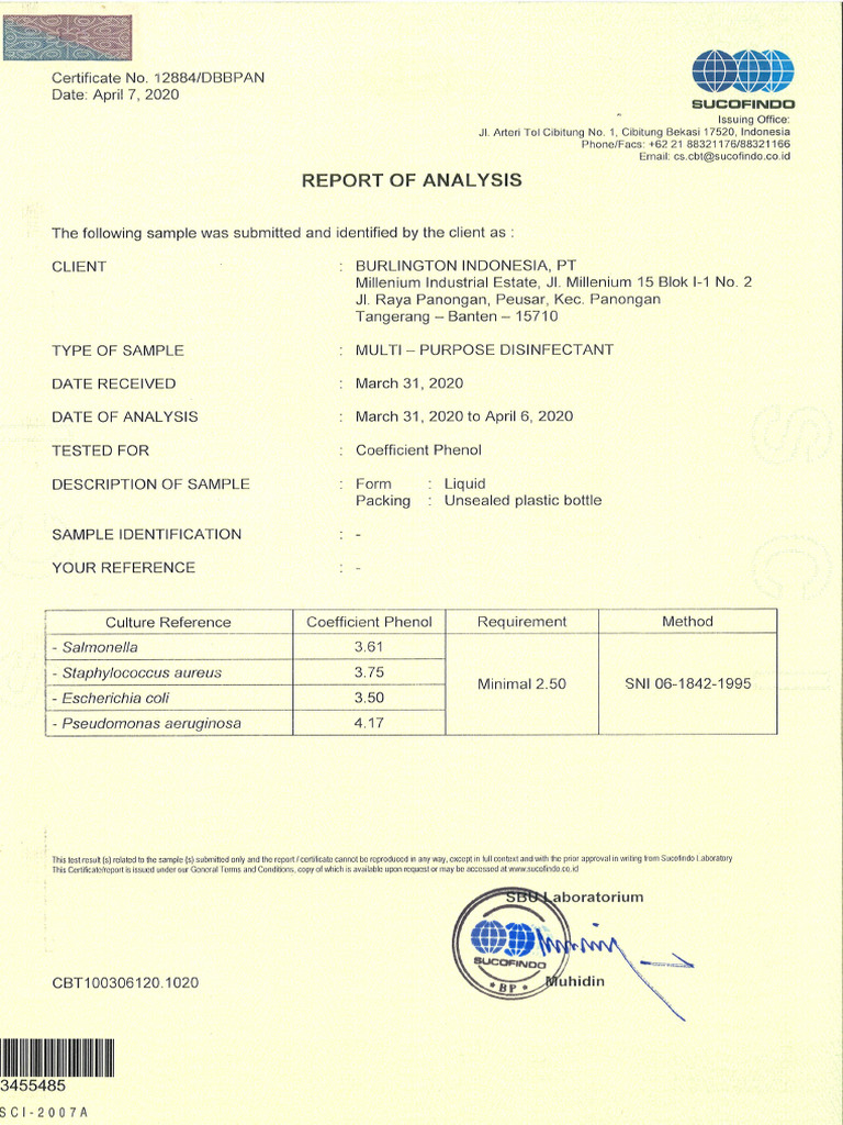 Tes Koefisien Fenol Ho 114 Multi Purpose Disinfectant | PDF