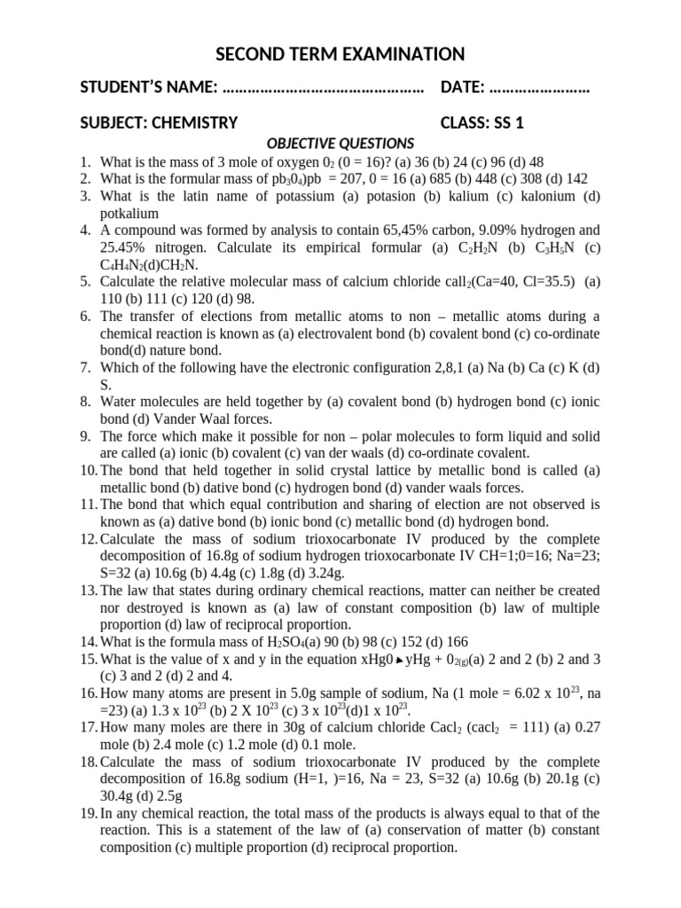 SS1 Chemistry Exam Questions and Answers | PDF | Chemical Reactions ...