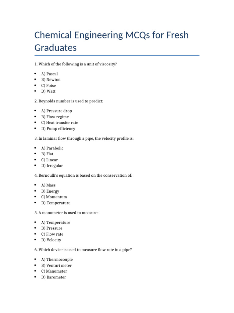Chemical Engineering MCQs for Graduates | PDF | Reaction Rate | Heat ...