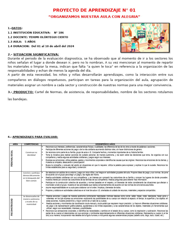 Proyecto Aula 5 Años: Organización y Normas | PDF | Salón de clases ...