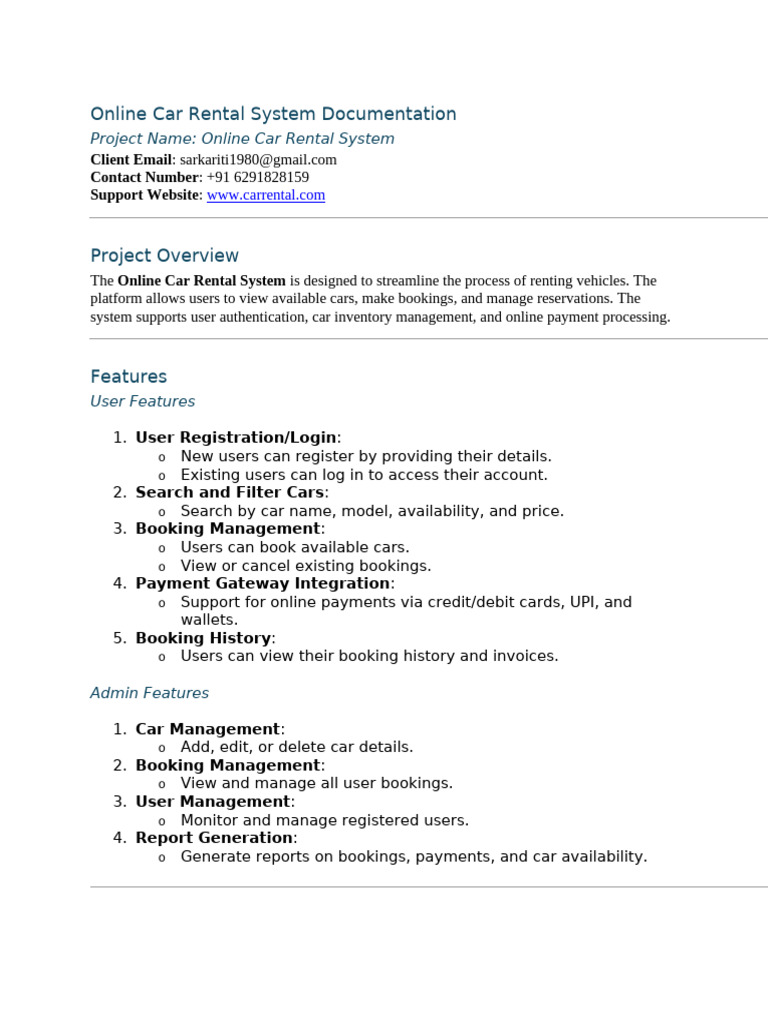 Online Car Rental System Documentation: Client Email Contact Number ...