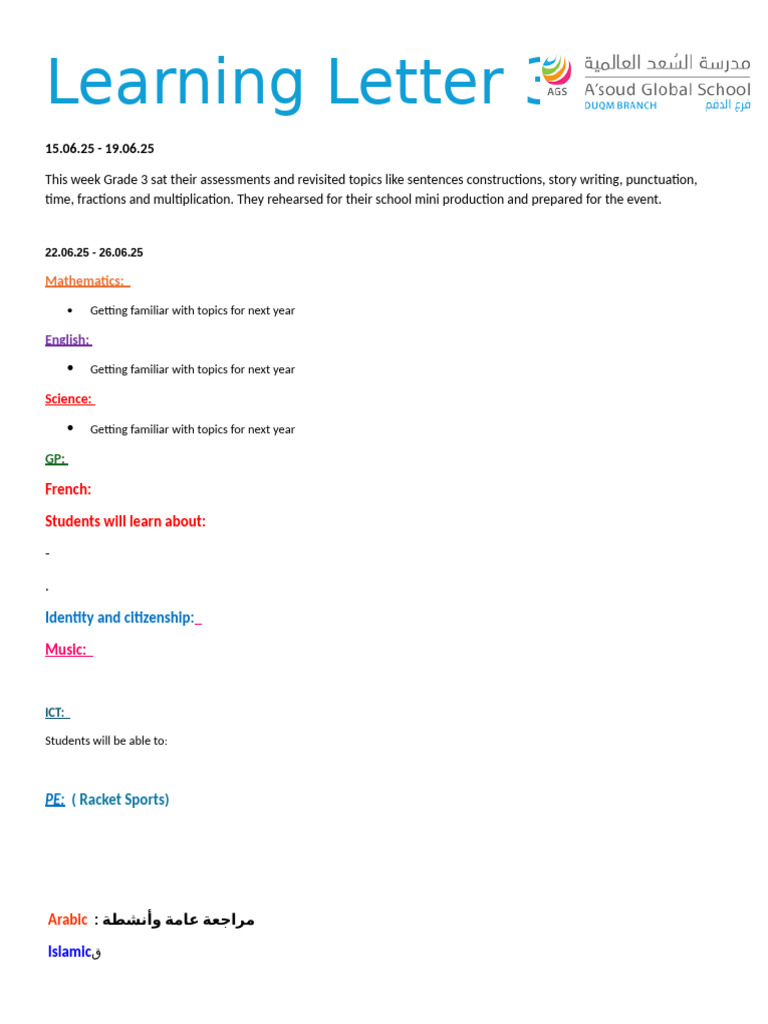 Learning Letter Week Beginning 22.06.25 | PDF