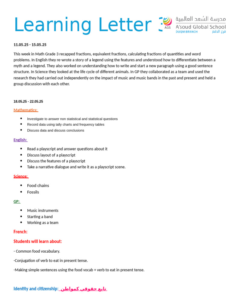 Learning Letter Week Beginning 18.05.25 | PDF