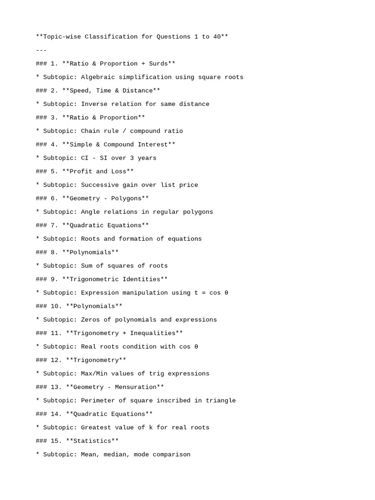 Topic-Wise Classification For Quest | PDF | Trigonometry | Polynomial