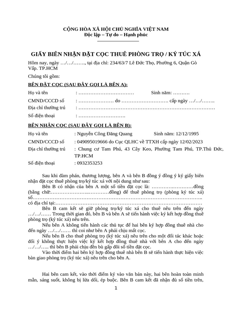 Giay Bien Nhan Dat Coc | PDF