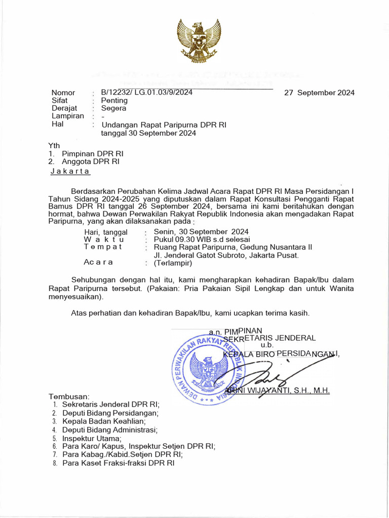 Undangan Rapat Paripurna DPR RI 30 Sep 2024 | PDF
