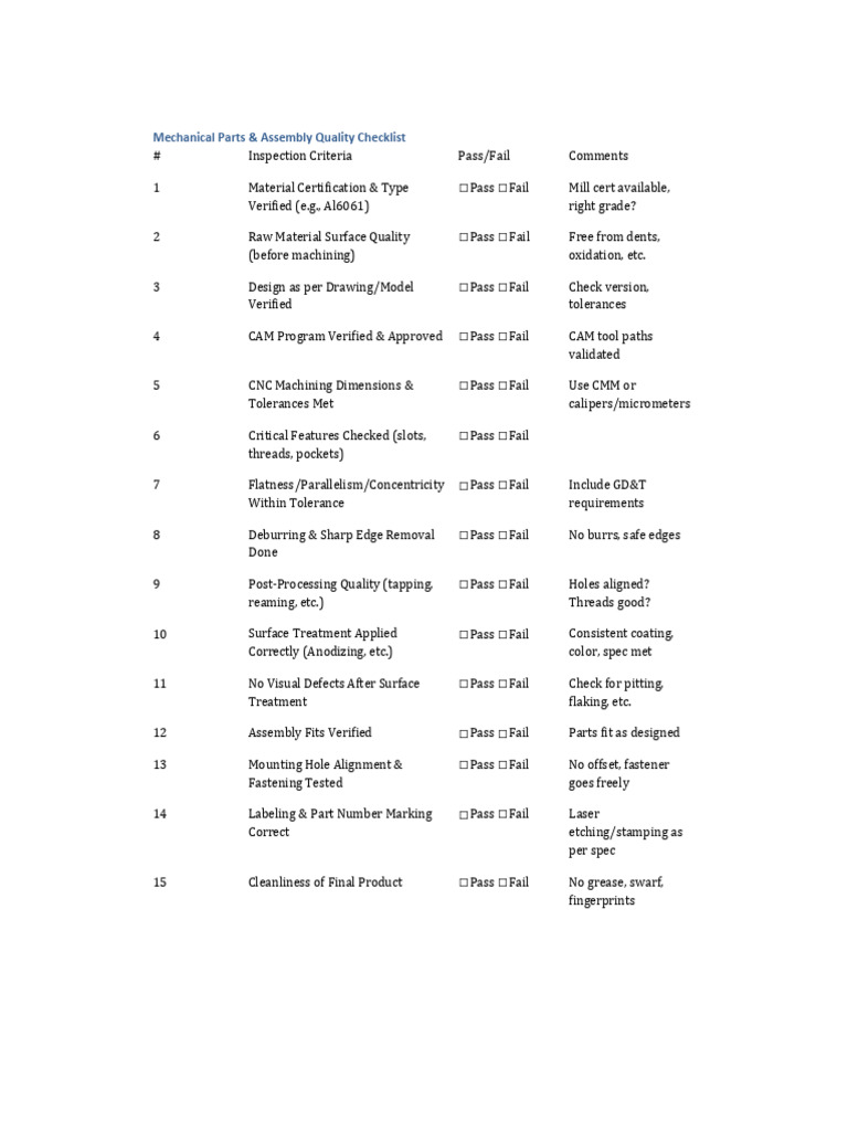 Mechanical Parts & Assembly Quality Checklist | PDF | Machining ...