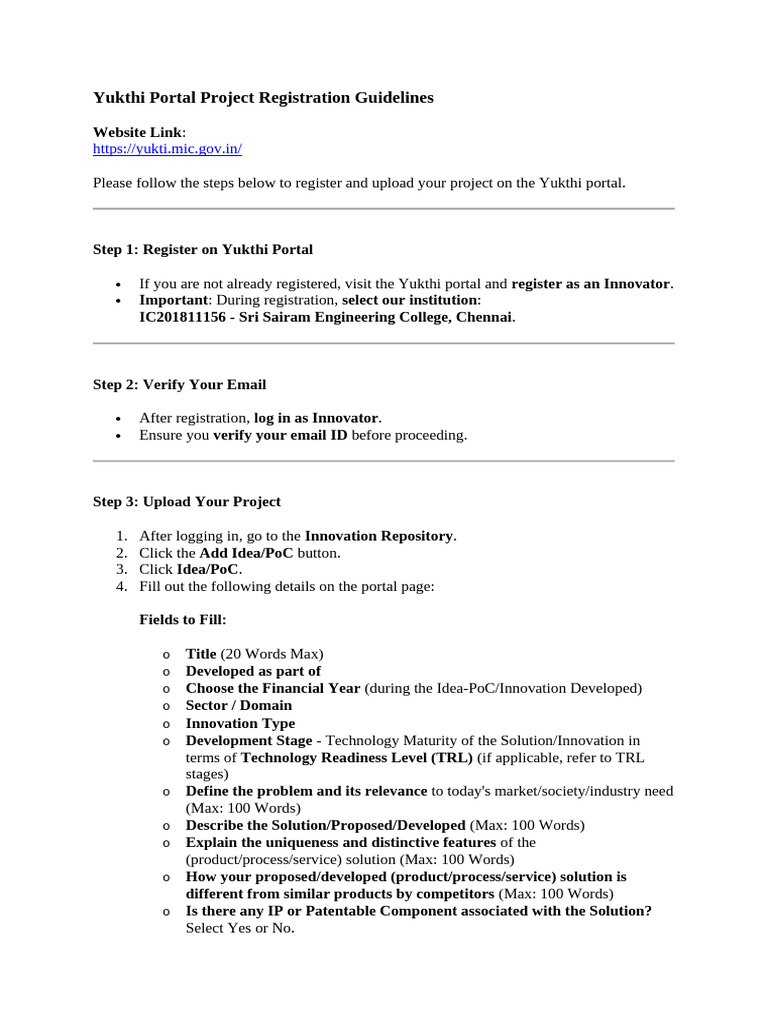 Yukthi Portal Project Registration Guidelines | PDF