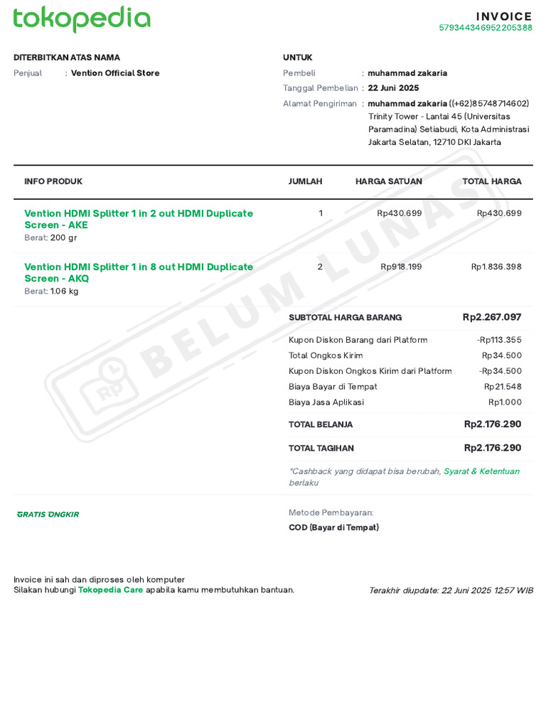 Invoice Pembelian Vention HDMI Splitter | PDF