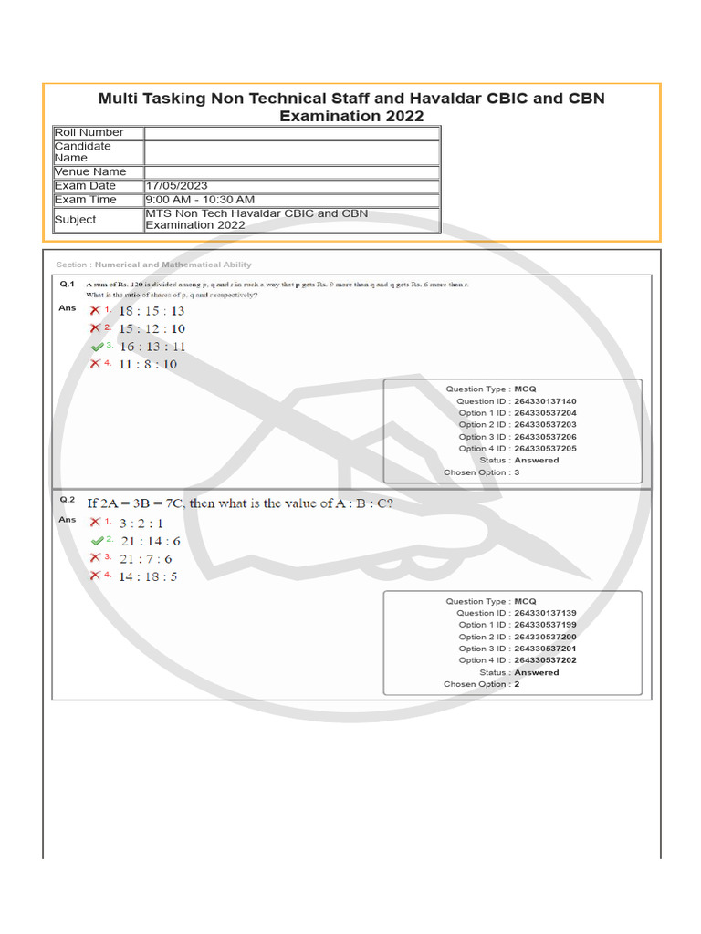 MTS Non-Tech Havaldar Exam 2022 MCQs | PDF | Question | Multiple Choice