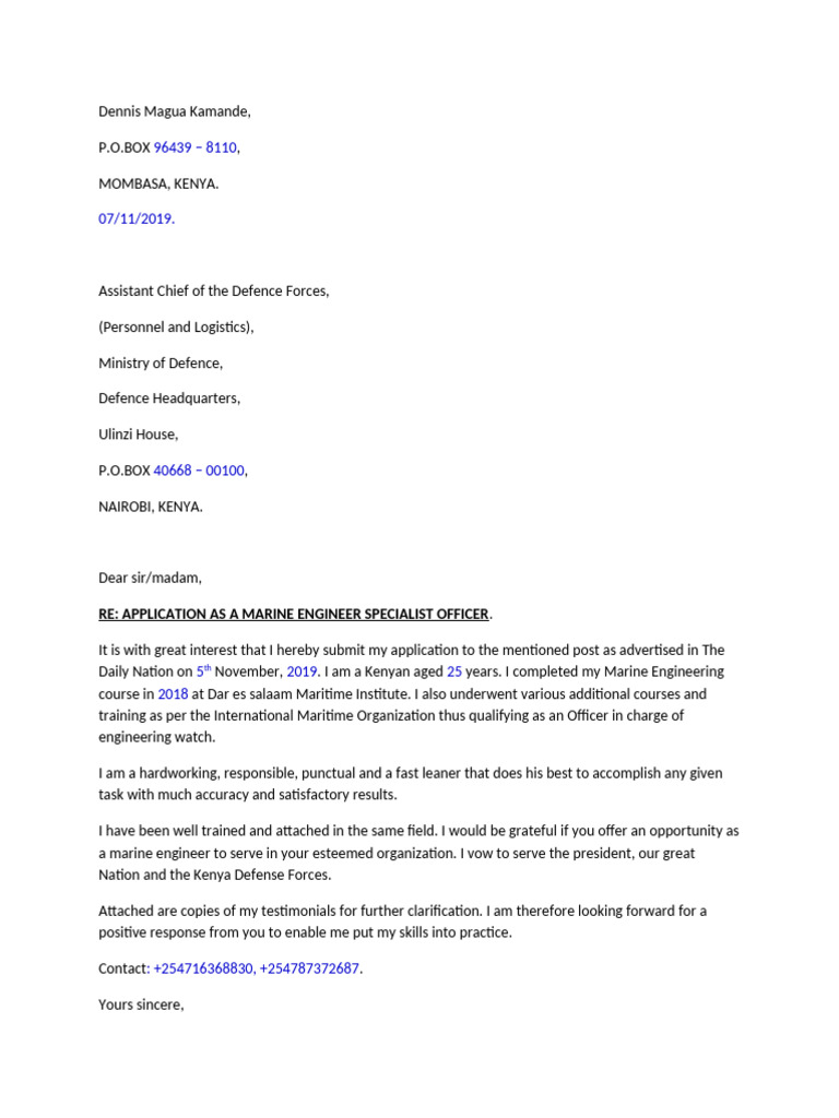 Application for Marine Engineer Position | PDF