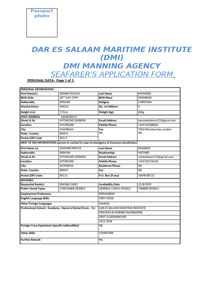 Seafarer's Application Form - DMI | PDF | Ships | Shipping