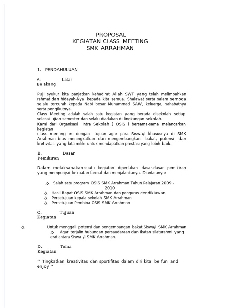 Proposal Class Meeting SMK Arrahman 2009 | PDF
