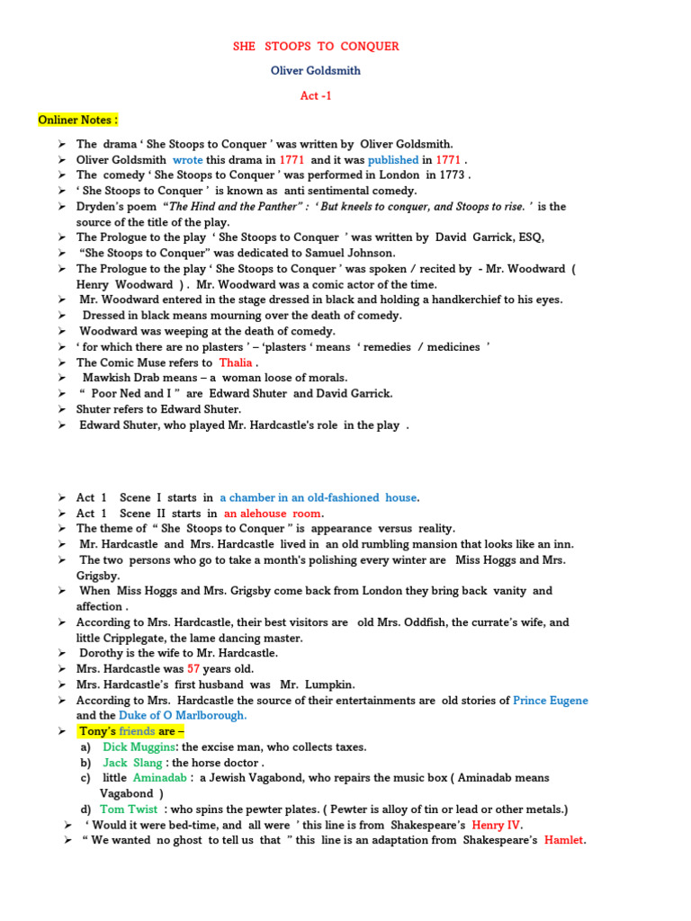 She Stoops to Conquer: Act 1 Overview | PDF