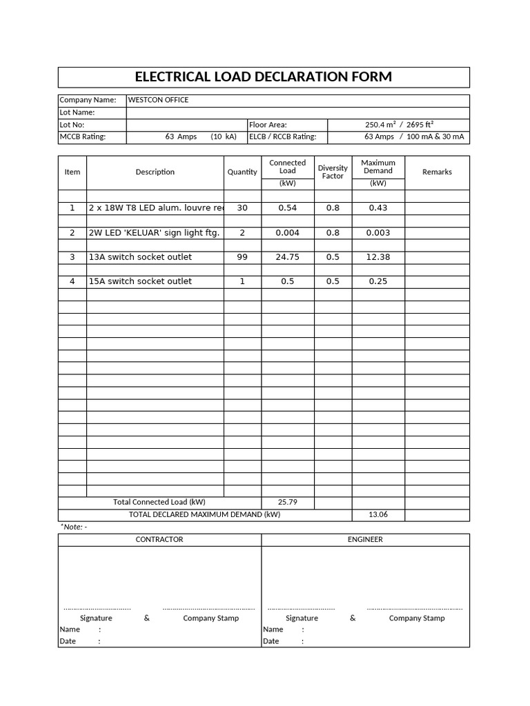 Electrical Load Declaration Form | PDF