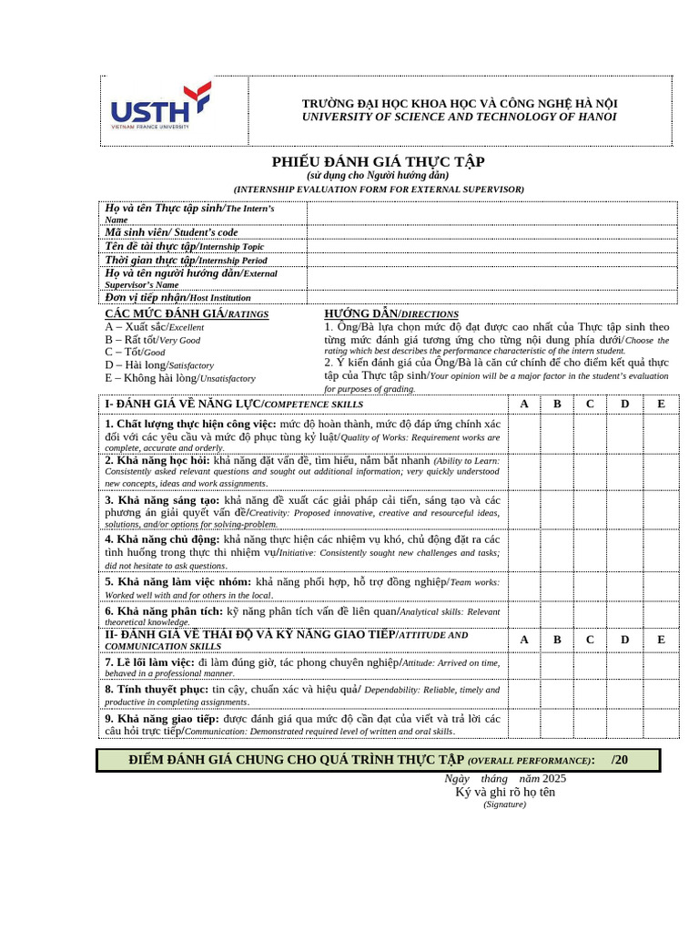 1.7. Annex 7 - Internship Evaluation Form For Supervisor 2025 | PDF