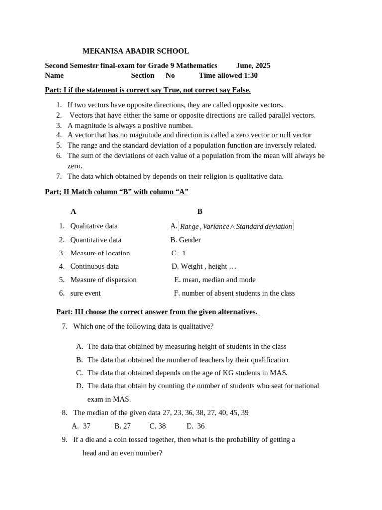 Grade 9 Math Final Exam June 2025 | PDF | Mean | Mode (Statistics)