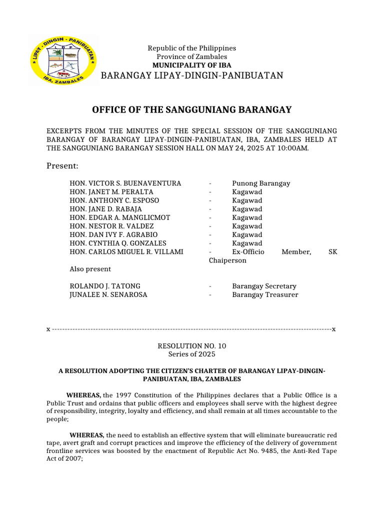 Citizen's Charter Resolution for Barangay Iba | PDF | Government