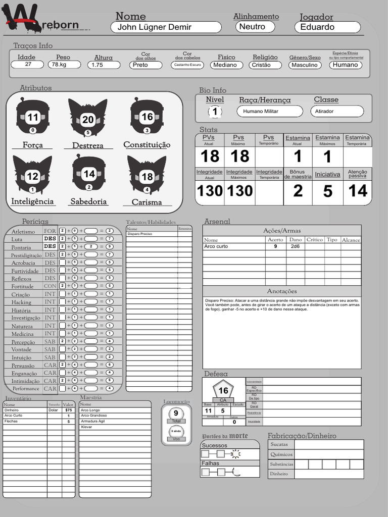 Ficha de Personagem RPG: Atributos e Stats | PDF | Arco e flecha