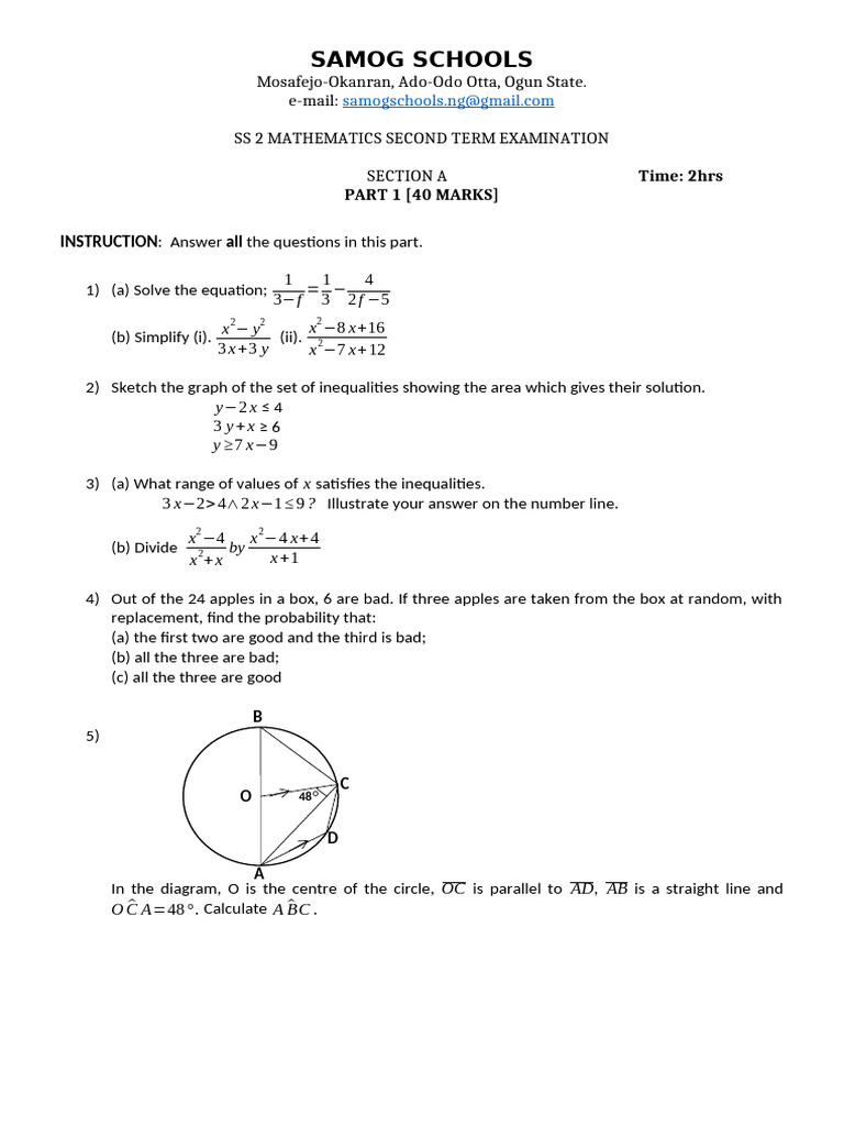 Ss2 Maths Exam 2nd Term Samog | PDF | Mathematical Concepts | Euclidean ...