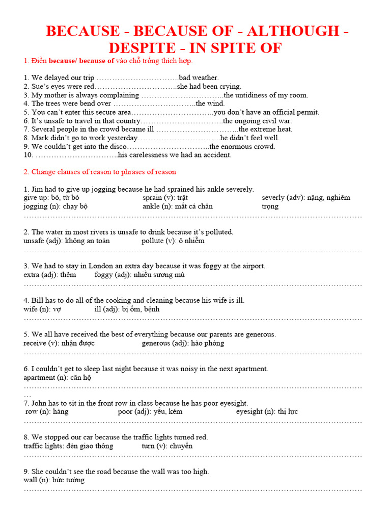 Because - Because of - Although - Despite - in Spite of BT | PDF