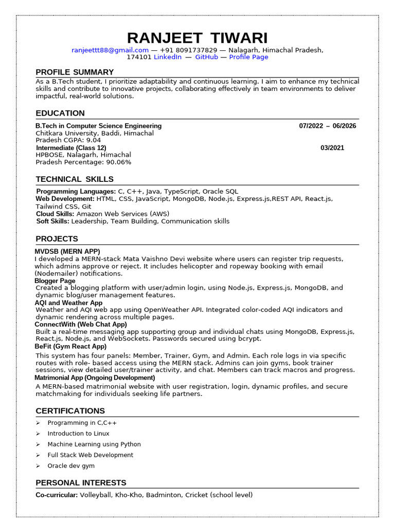 Ranjeet Tiwari: B.Tech Profile & Projects | PDF | Web Development ...