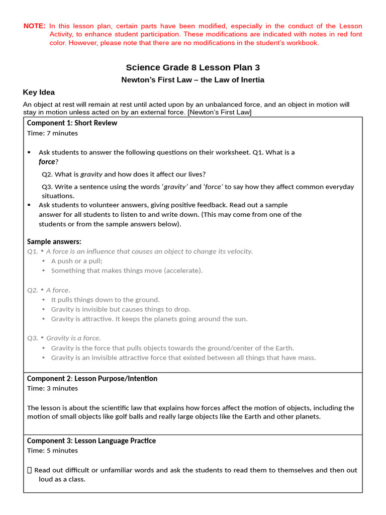 Science Grade 8 Lesson Plan 3 | PDF | Force | Newton's Laws Of Motion