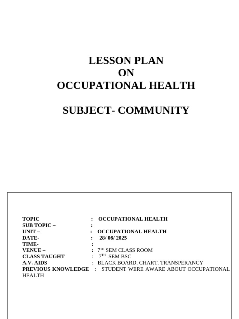 Occupational Health Lesson Plan | PDF | Occupational Safety And Health ...