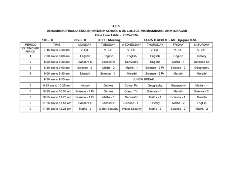 Class Timetable for Std X - 2025-26 | PDF