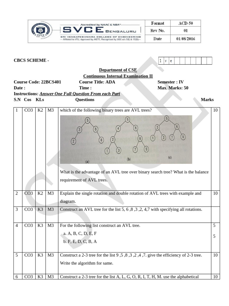 ADA Continuous Internal Exam II Questions | PDF | Computational ...