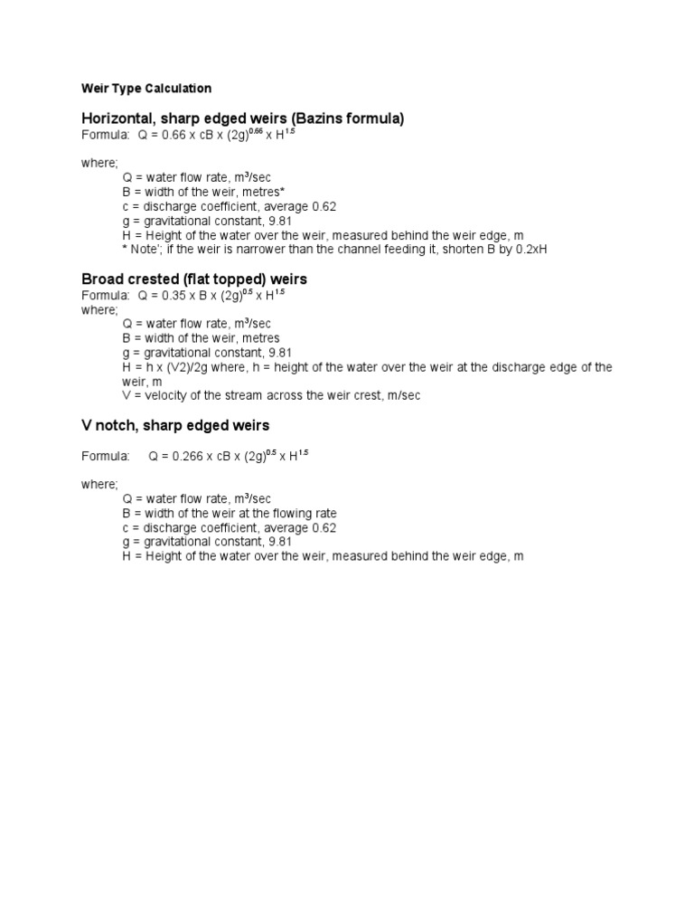 Weir Type Flow Calculation Methods | PDF