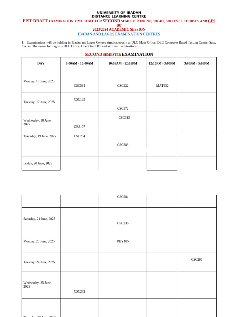 2025 Second Semester Exam Timetable | PDF