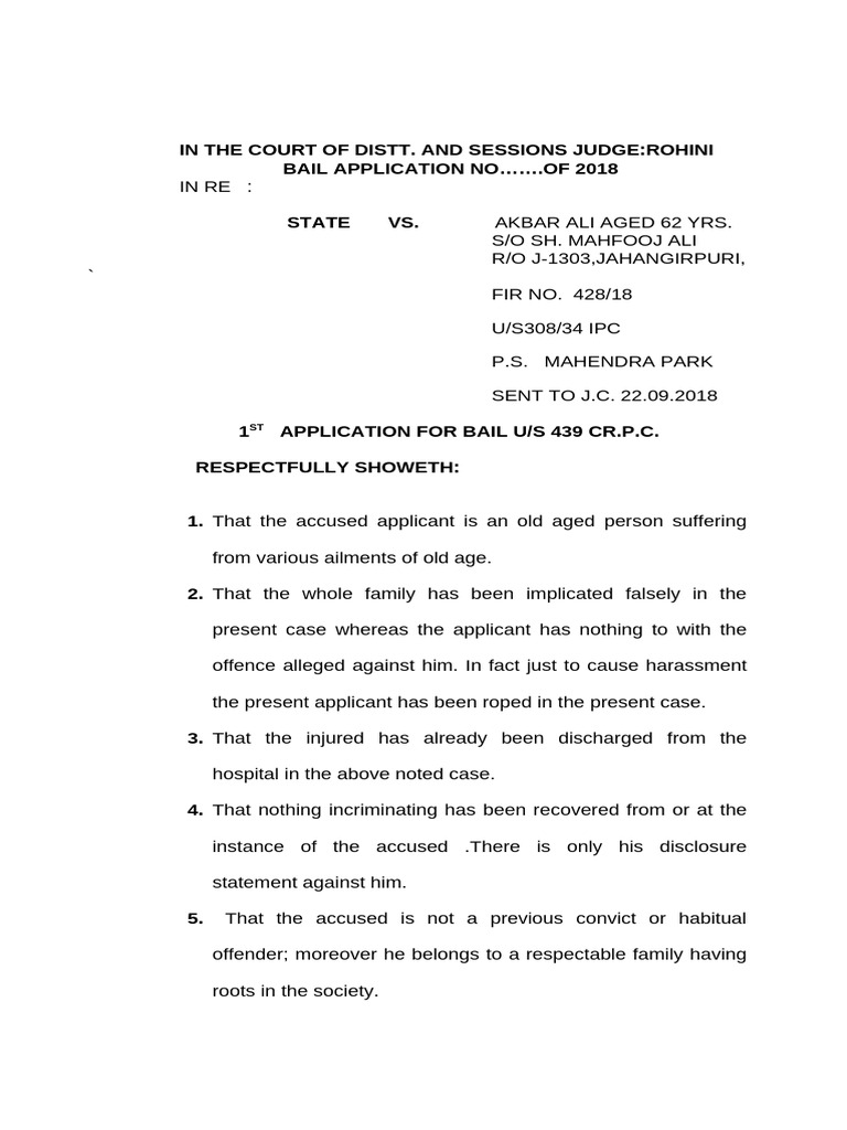 Bail Application for Akbar Ali | PDF | Bail | Crime & Violence