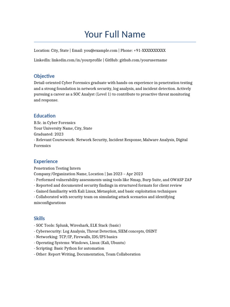 SOC Analyst Resume Template 1 - 1