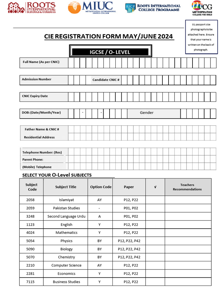 CIE Registration Form for O-Level 2024 | PDF