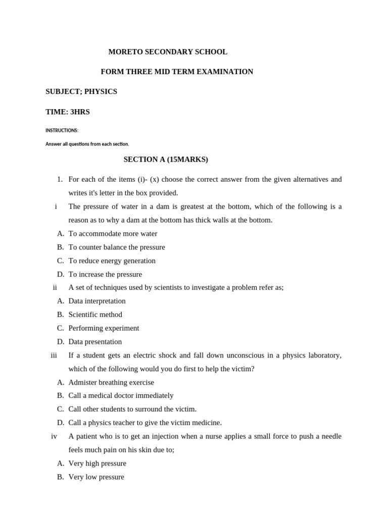Form Three Physics Midterm Exam | PDF | Magnetism | Physics