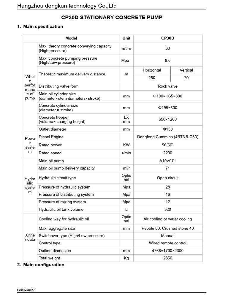 CP30D Stationary Concrete Pump Specification | PDF | Pump | Valve
