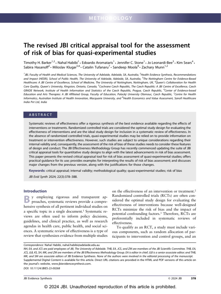 Revised JBI Tool for Quasi-Experimental Bias | PDF | Validity ...