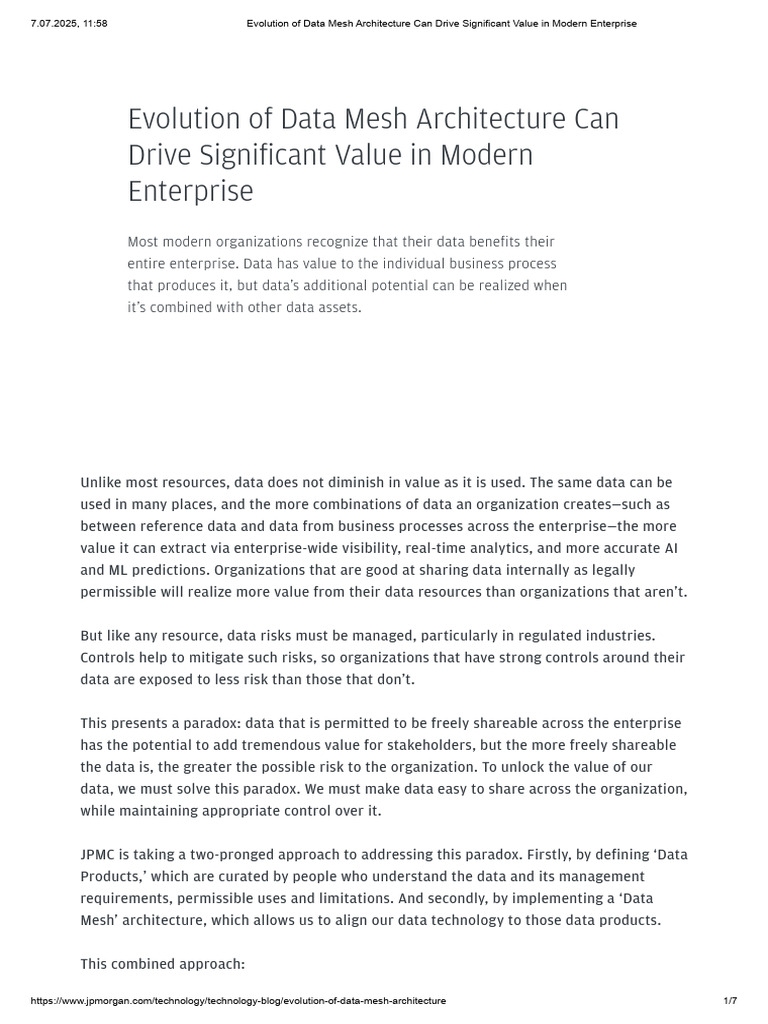 Evolution of Data Mesh Architecture Can Drive Significant Value in ...