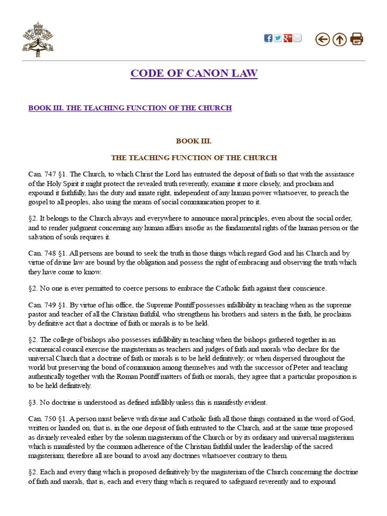 Code of Canon Law - Book III. The Teaching Function of The Church | PDF ...